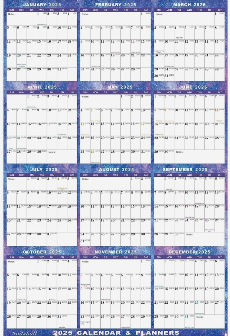 24" x 36" 2025 Wall Calendar Dry Erase - Large Starry Sky Wall Calendar Wet & Dry Erasable Laminated 12 Month Annual Yearly Planner, Reversiblel, Blue