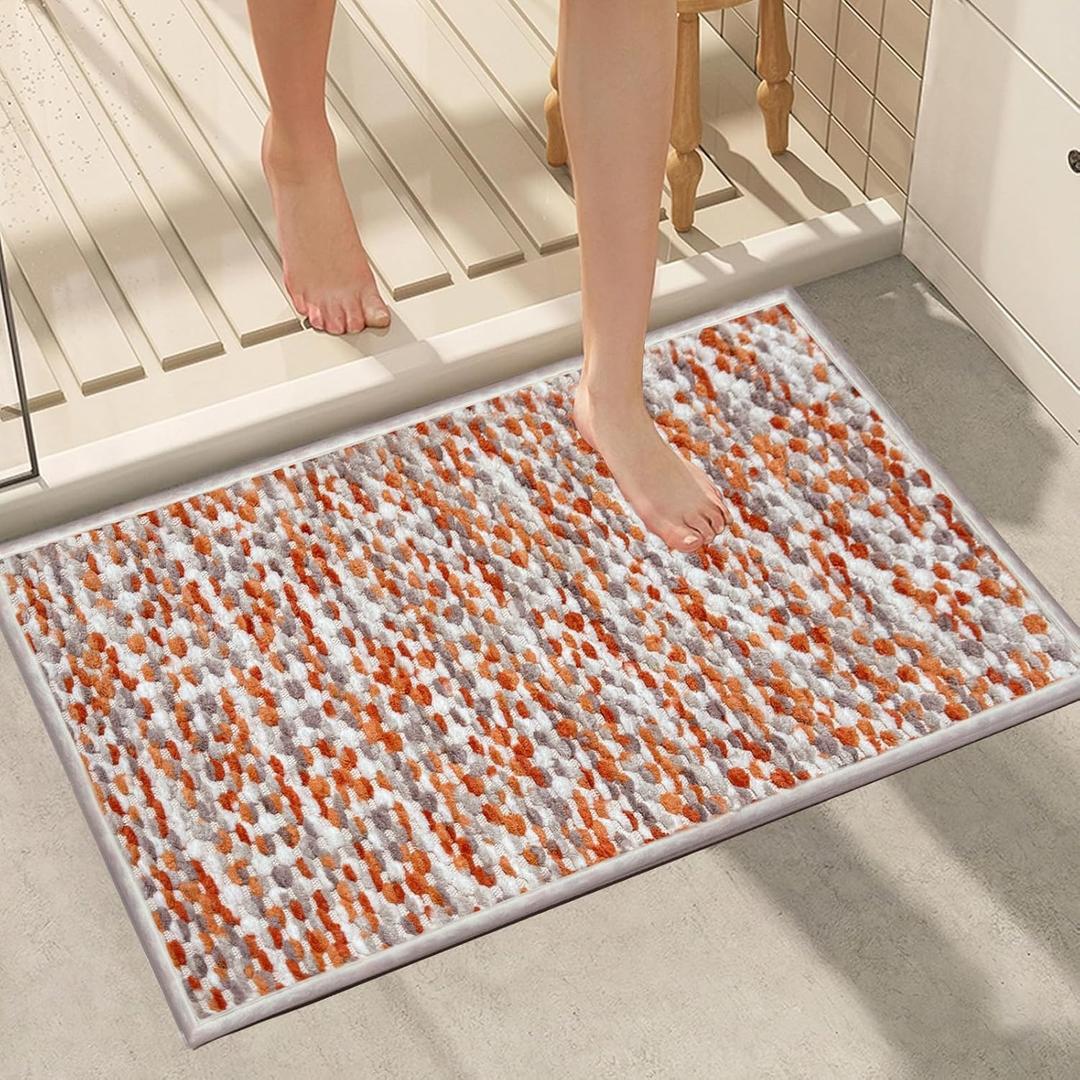 HDFK Bath Mat & Bathroom Rugs, Soft Chenille Area Rug Absorbent, Non Slip Machine Washable Carpet with Rubber Base, Vertical Weave for Living Room Floor Bedroom Sofa (32x24 Inch, Orange and White)​
