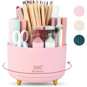 SKYDUE 360 Rotating Multipurpose Organizer - Cute Rotating Pen Holder with 5 Slots for Art Supplies, Office, School, Home (Pink_1Pack)