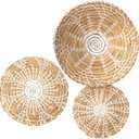 Glenmal 3 Pcs Boho Wall Basket Decor Decorative Bulrush Woven Basket Wall Decor Art Farmhouse Handmade Hanging Baskets with African Design for Living Room Display Table Settings Kitchen Home(Bright)