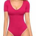 MANGOPOP Short Sleeve V Neck Bodysuits for Women, Sexy Fitted Top with Snap Closure(Rose Pink, X-X-Small)