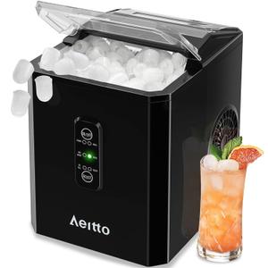 Aeitto Ice Makers Countertop, 9 Ice Cubes Release in 6 Mins, 26Lbs/24H, 2 Sizes of Bullet Ice Machine, Self-Cleaning Portable Ice Maker with Ice Scoop and Basket for Home Kitchen Office Bar RV, Black