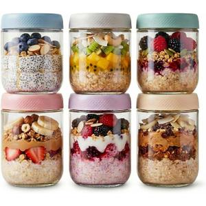 JBHO 6-pack 16 oz Overnight Oats Containers with Lids, Glass jars with Airtight Lids, Wide mouth Mason Salad jars, Glass Food Storage Containers for Snacks Yogurt Spice Sugar