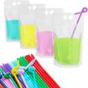 100 Pcs Drink Pouches for Adults, Hand-held Reusable Clear Juice Pouches with Straws Funnel Smoothie Heavy Duty Drink Bags for Cold Hot Drinks