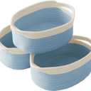 JMvicyroam Woven Basket,Small Rope Storage Bin with Handles & Ribbon Bag, Organizer for Shelves Closets,Gift Basket Empty for Birthday,Books,Dog Toys, White&Blue/3 Pack
