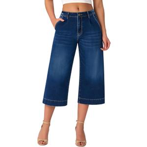 roswear Capri Jeans for Women Wide Leg Stretchy High Waisted Loose Denim Pants (Large, Blue)