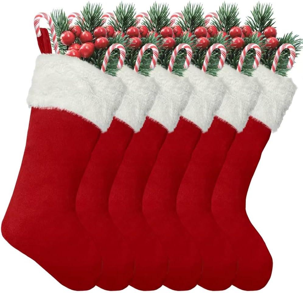 LinaGarten 6Pack Red Christmas Stockings Traditional 20 Inch Large Vintage Christmas Stocking Polyester Plush Luxury Xmas Stocking for Family Holiday Party Decor and Xmas Tree Fireplace Mantle Pet