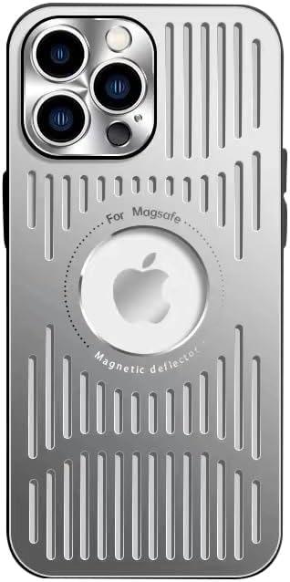 Designed for iPhone 14 Pro Max Case,[Compatible with MagSafe][Military Drop & Camera Lens Protection],Luxury Aluminum Alloy Heat Dissipation Logo View Shockproof Cover,Silver