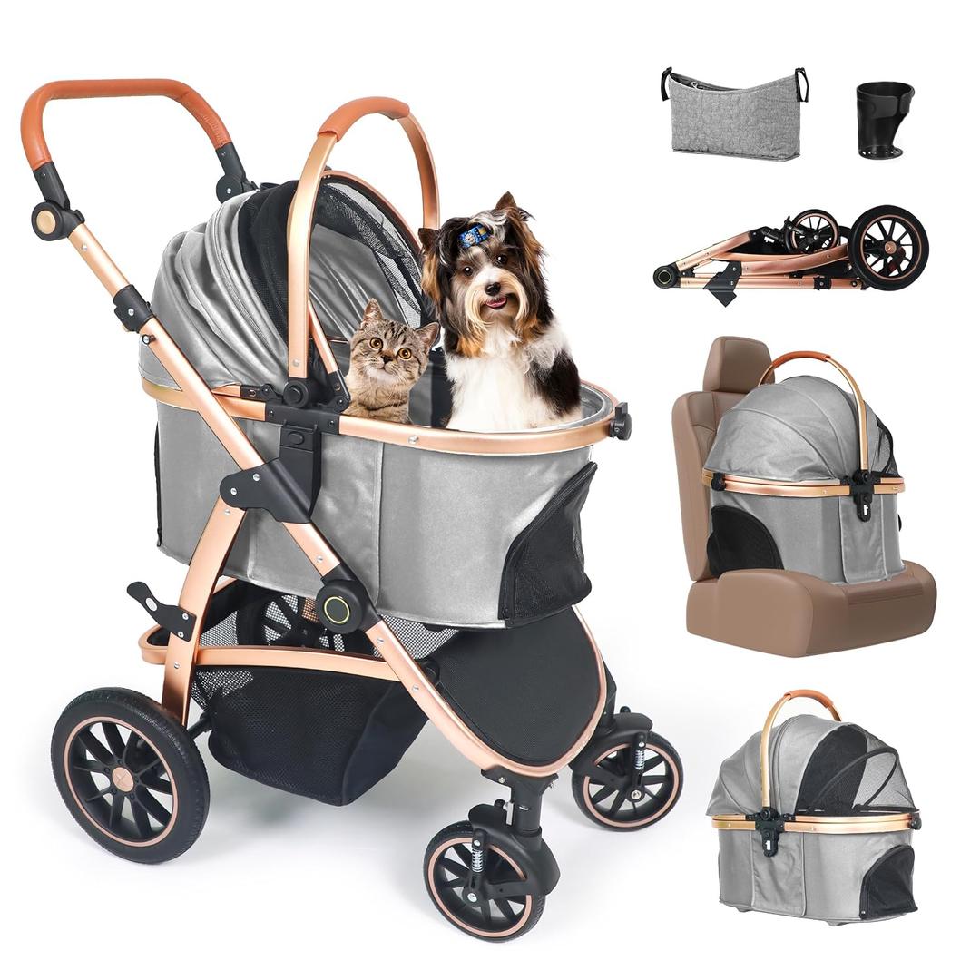 3-in-1 Pet Stroller for Small to Medium Dogs and Cats up to 55 lbs | Detachable Carrier & Car Seat | Foldable, Lightweight with Detachable Cushion & Cup Holder (Gray)