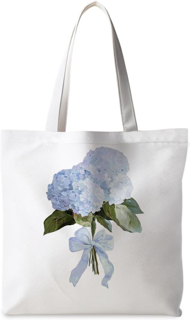 Floral Tote Bag, Blue Summer Floral Flower Hydrangea Canvas Tote Bag for Women, Hydrangea Gifts for Women, Coastal Summer Gift Reusable Grocery Shopping bags