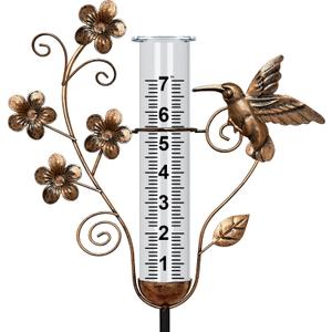 shumi Rain Gauge Outdoor - 7 Inch Rain Gauges for Measuring, Bronze Hummingbird Decorative Rain Gauges Feezeproof, Metal Flower Water Gauge for Garden Yard Decor, Gardening Gifts for Women