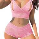Lilosy Sexy Cupless Women Floral Lace Pajamas Lingerie Set High Waist Nightwear Sleepwear Bow Ties Bra and Panty 2 Piece (Pink, S)