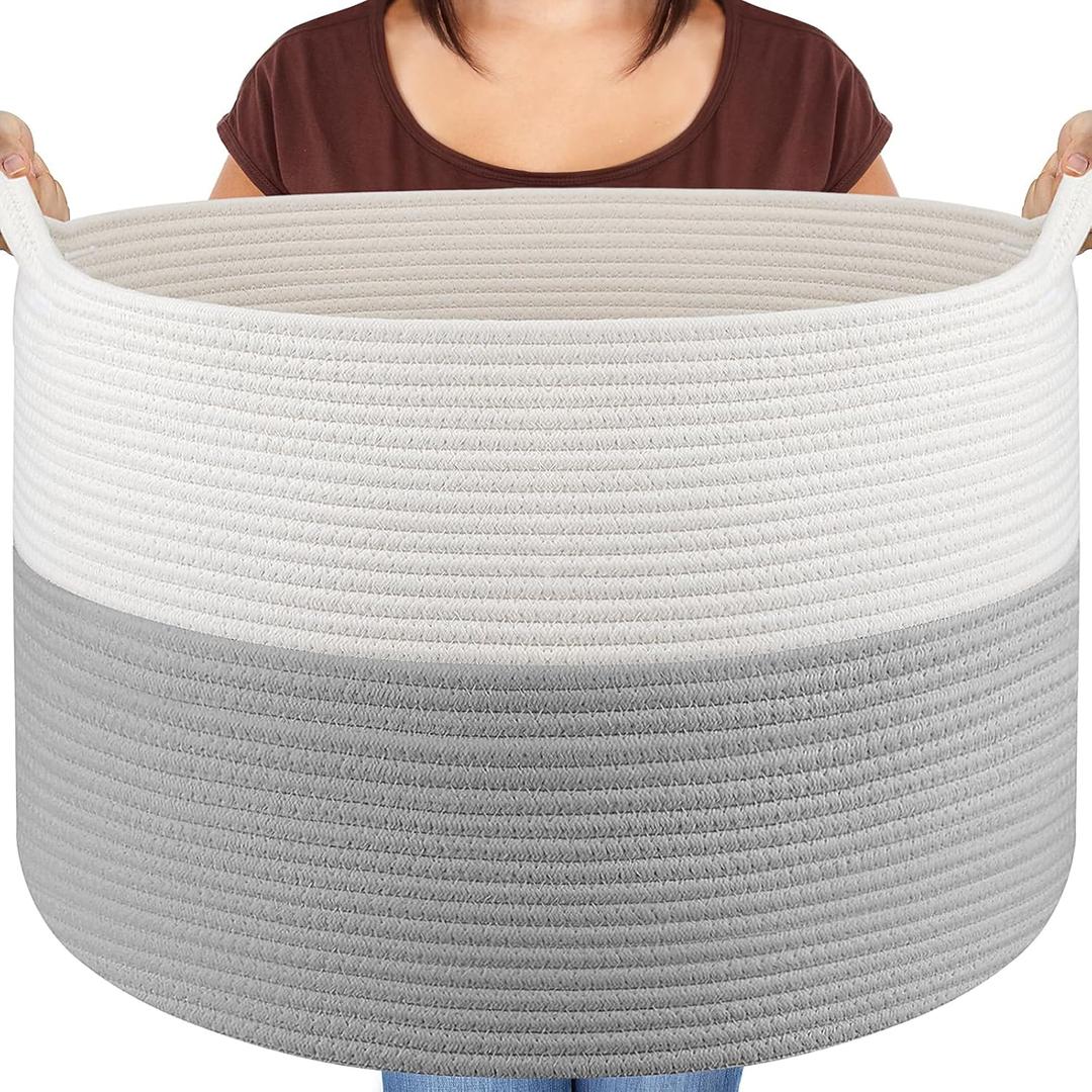 XXXLarge Blanket Basket Living Room - 22" x 22" x 14" Cotton Rope Baskets for Storage - Large Woven Basket for Toys, Towels, Pillows, Clothes- Rope Laundry Basket with Handles - Nursery Hamper Bin (White & Grey)