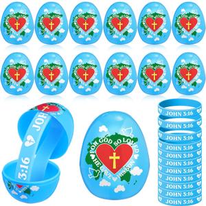 ShinyRelief 36 Set John 3: 16 Bracelet Prefilled Plastic Easter Eggs Religious Easter Basket Stuffers Include 36 John 3: 16 Blue Religious Wristband 36 Filled Plastic Eggs for Egg Hunt Party Favors