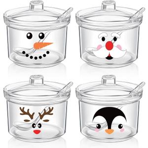 Whaline 4Pcs Large Christmas Hot Cocoa Bar Supplies Acrylic Sugar Bowl with Lid Spoon 13.5 oz Winter Snowman Santa Reindeer Candy Jar Clear Kitchen Storage Container for Coffee Bar Accessories
