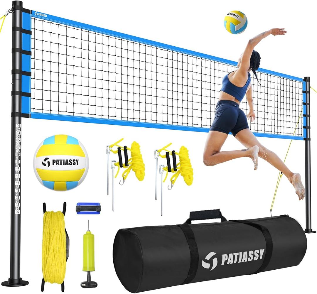 Portable Volleyball Net Set for Backyard, Beach & Outdoor - Regulation Size, Height-Adjustable Poles, PU Volleyball with Pump, Carrying Bag (Blue)