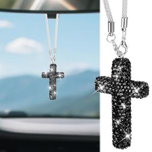 Cross for Car Mirror Hanging, Bling Cars Pendant Charm, Double-Sided Diamond Christian Cross Rearview Mirror Accessories, Car Accessories for Women (Black)