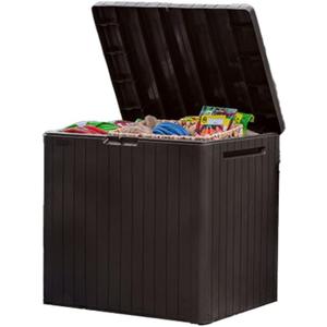 Keter City 30 Gallon Resin Outdoor Storage Box and Patio Furniture Side Table for Pool and Garden Accessories, Brown | Brown, Resin, Compact, Weatherproof, Lockable, Easy Assembly, Organization, Pool Accessories Storage