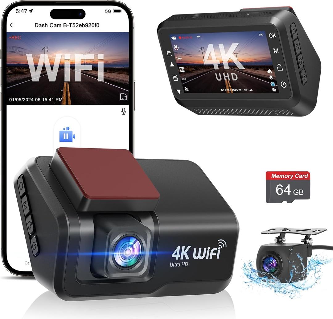 Dash Cam Front and Rear Camera, 4k+1080P WiFi Dual Dash Cam with APP, 3 IPS Dash Camera for Cars with Free 64GB Card, Otovoda Dashboard Camera with Night Vision, 24/7 Parking Monitor, WDR : Electronics