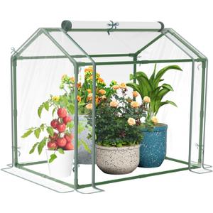 Esbaybulbs Mini Greenhouse with PVC Cover and Roll-Up Zipper Door, 33.5'L x 23.2'W x 32.5'H, Transparent, Steel Frame, Roll-Up Door, Garden Greenhouse