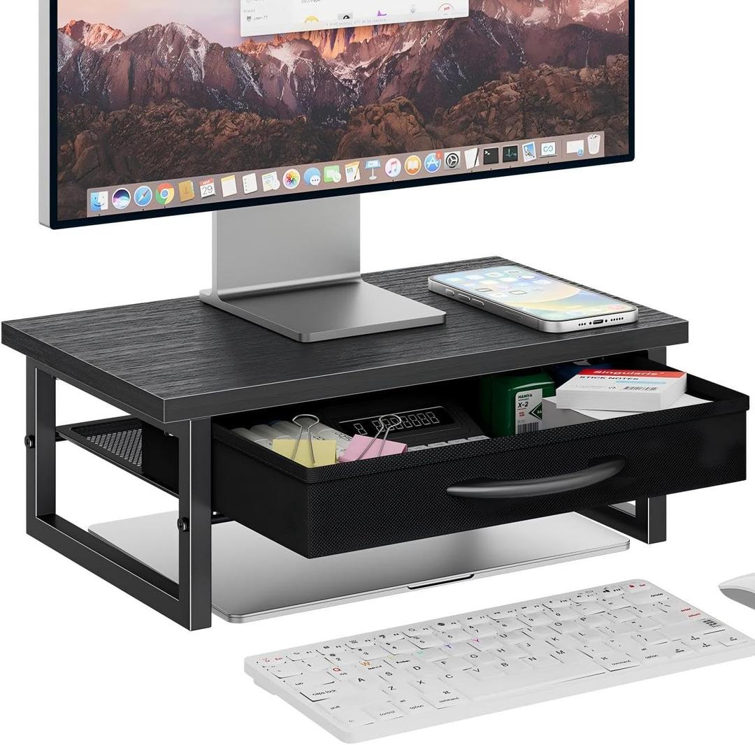 Ekisemio Computer Monitor Stand Riser, Desk Organizers and Accessories with Fabric Drawer, 2-Tier Wood and Metal Laptop Stand for Desk, Office Organizer Storage, Black