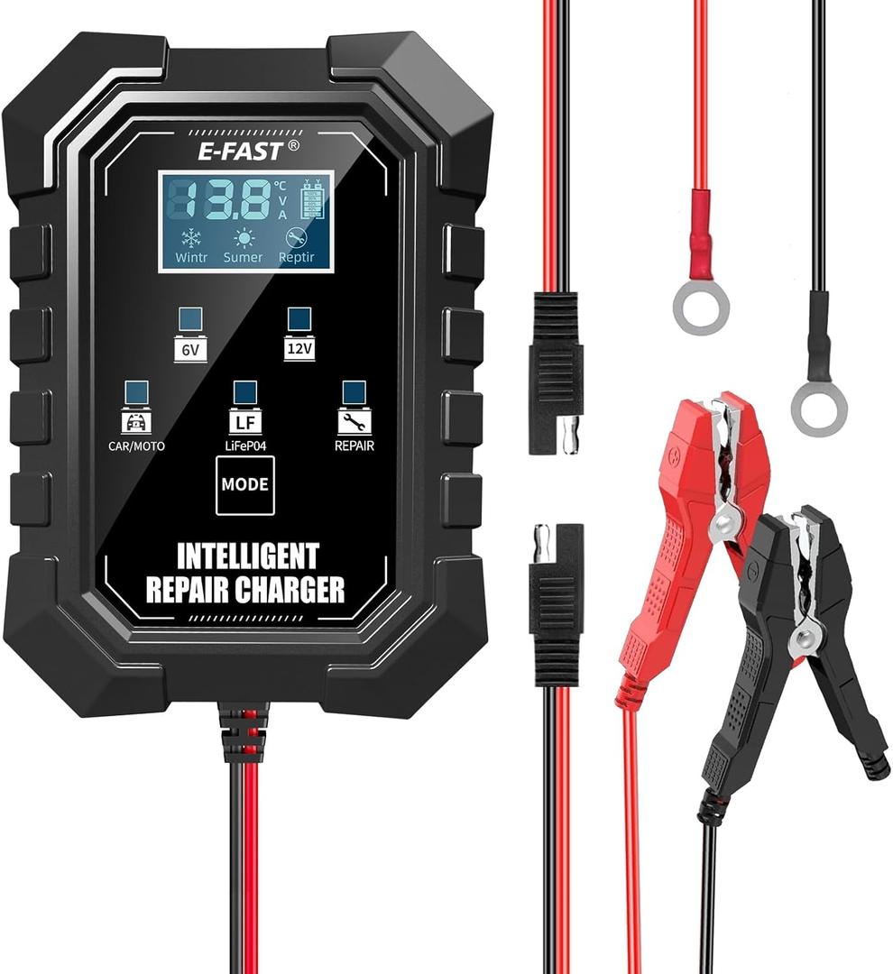 E-FAST 1.5A Smart Car Battery Charger,Lifepo4 Lead Acid 6V and 12V Automotive Charger,Automobile Trickle Charger,All in 1 Battery Maintainer,for Motorcycle AGM Lawn Mower Boat Marine Batteries