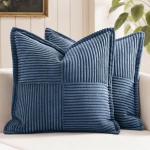 MIULEE Decorative Throw Pillow Covers for Couch Bed Livingroom 18x18 Inch Set of 2 Blue Boho Accent Throw Pllows Broadside Striped Patchwork Soft Corduroy Spring Coastal Pillowcases