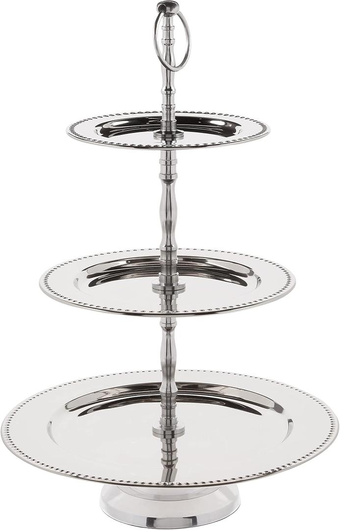 Elegance 3-Tier Beaded Buffet Serving Stand, Silver, Large