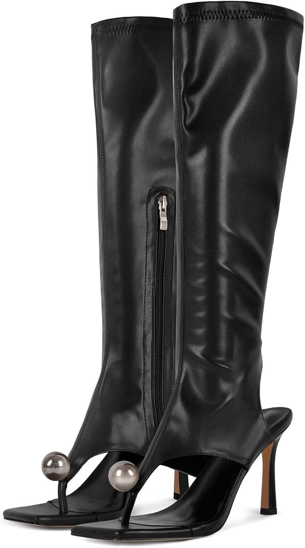 sexytag Women's Square Open Toe Thong Sandals Knee High Pearl Stretch Stiletto Kitten Heels Openback Sandal Boots (Black, 8)