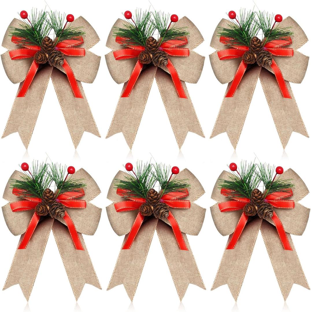 Syhood 6 Pcs Christmas Bows with Pine Cones Pine Needles Xmas Flaxen Bows Ribbon Christmas Tree Wreath Decoration for Xmas Parties Indoor Outdoor Crafts DIY Decor
