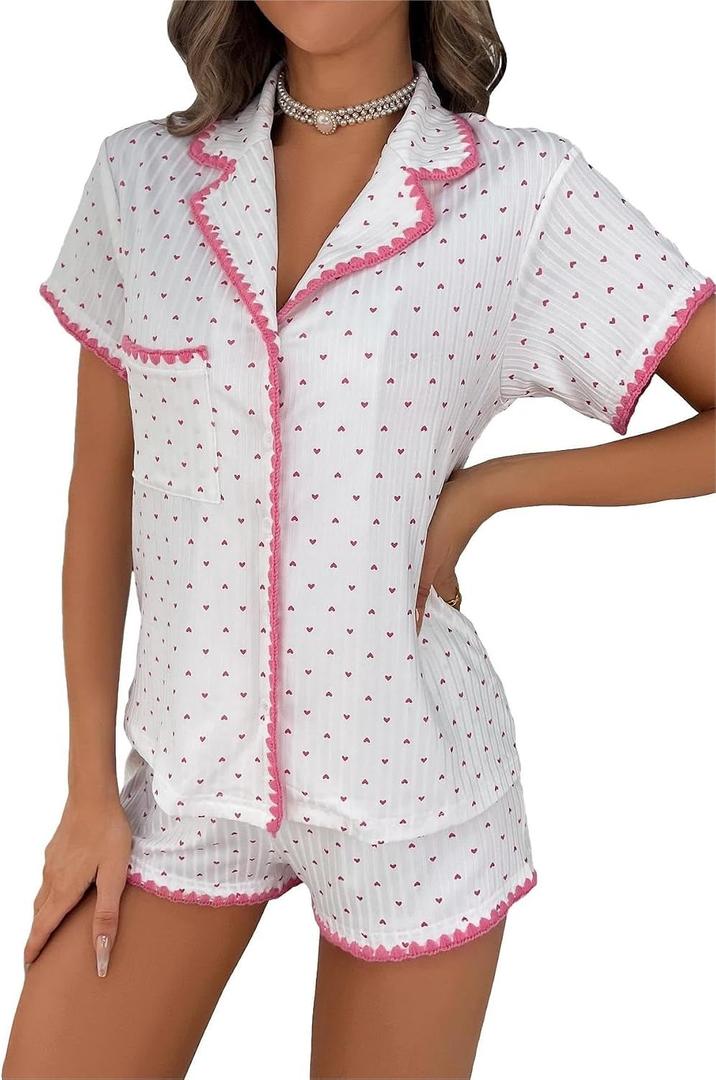 COZYEASE Womens Silky Pajamas Set Heart Print 2 piece Sleepwear Short Sleeve Button Down Shirt with Shorts (White, L)