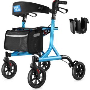 Rollator Walker for Seniors with Cup Holder, Upgraded Thumb Press Button for Height Adjustment, 4 x 8 Wheels Walker with Seat Padded Backrest Folding Lightweight Walking Aid, Blue