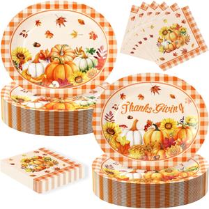 2 x 100 Pcs ThanksGiving Oval Paper Plates and Napkins Set, 10" x 12" Large Disposable Pumpkin Plates for ThanksGiving Party Supplies