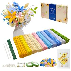 500 Yellow & Blue Pipe Cleaners Flower kit(Candy-Colored),Chenille Stems for DIY Art Projects Creative Gift,Pipe Cleaners Craft with tutoria,Pearls,Pompoms,Green Floral Wires,Stamen (Candy Palette Set)