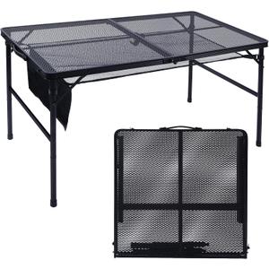 JOUYEK Folding Grill Table, 4x2 FT Portable Camping Table, Lightweight Height Adjustable Metal Tables with Mesh Desktop and Mesh Bag, Outdoor Tables for Camping, Picnic, Beach and BBQ, Black