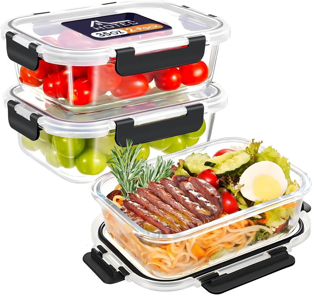 HOTEC 35OZ Glass Food Storage Container, Airtight Glass Lunch Fruit Containers with Lids - Microwave, Oven, Freezer and Dishwasher Safe, 2-PACK