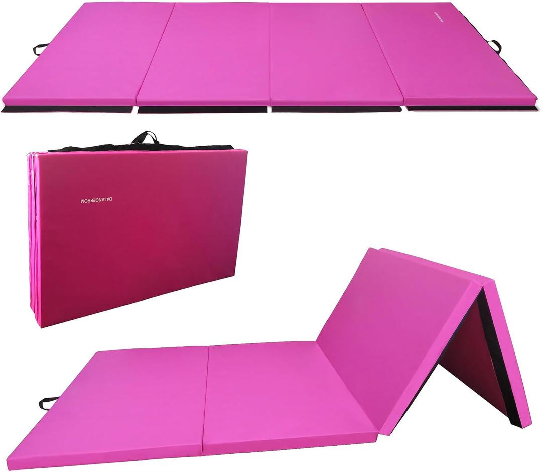 Folding Exercise Gymnastics Mat, 4'x8'x2" Gym Workout Mat with Carrying Handles 4-Fold High-Density Anti-Tear Portable Fitness Aerobics Mats for Home Gym Yoga Pilates Tumbling MMA Core Training, Multiple Colors (Pink)