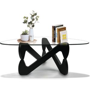 Triangle Glass Coffee Table Mid Century Modern Coffee Table Low Living Room Tables with Black Wood Base Clear Coffee Table for Living Room(Black-Transparent, 32.3)