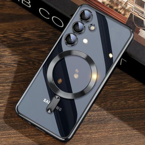 JUESHITUO Official Titanium for Samsung Galaxy S24 Case with Camera Lens Protector [Compatible with Magsafe] [Metallic Glossy Soft Bumper] Diamond Clear Stylish Case for Galaxy S24-Black Titanium