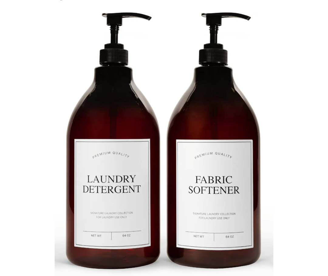 Calindiana Modern Farmhouse Liquid Laundry Detergent and Fabric Softener Dispenser for Laundry Room Decor and Organization, PET Plastic Landry Soap Containers with Water Resistant Labels, Amber 64oz
