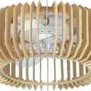 Low Profile DC Small Wood Mid Century Modern Farmhouse Ceiling Fan with Light Fixture and Remote Control,Boho Enclosed Caged Flush Mount Bladeless Wooden Fandelier for Kitchen Bedroom Indoor,  Color Wooden Brown