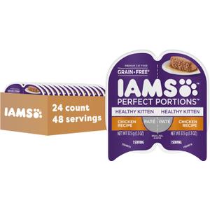 IAMS Perfect Portions Healthy Kitten Grain Free Wet Cat Food, Wet Cat Food Pate Recipe, Chicken Recipe, 2.6 oz. (24 Twin Packs) (EXP 03/26/28)