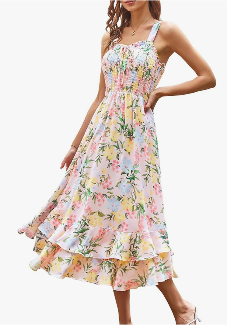 GRACE KARIN Women's 2025 Summer Floral Boho Dress Square Neck Strapped Swing A Line Sundress Beach Long Maxi Outfits, Size S