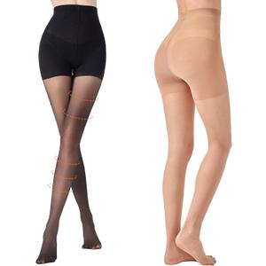 2 Pairs Compression Pantyhose for Women, 10-15mmHg High Waist Compression Stockings, 30D Shaping Tights For women (Large, Black+natural)