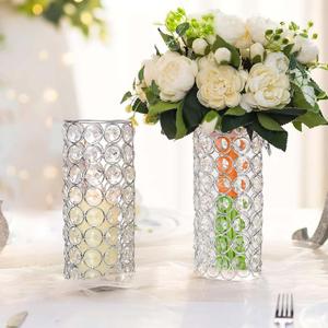 Elegant Crystal Column Vase/Candle Holder, Cylinder Flower Display Tabletop Centerpiece for Weddings & Home Decor (2, Silver)