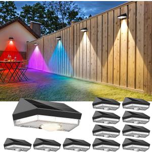 Solar Fence Lights,Warm White & Cool White & RGB 7Colors  Color Changing Mode IP65 Waterproof Solar Lights Outdoor for Deck/Patio/Backyard/Wall/Pool/Fence/Railing/Step(12Pack) (Black)