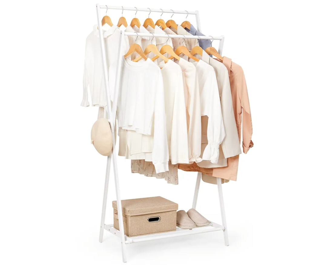Cozivolife Bamboo Clothes Rack with Storage Shelf, Portable Garment Holder Clothing Hanger for Hanging Cloth, Foldable Wardrobe Storage for Entryway and Bed Room (White)