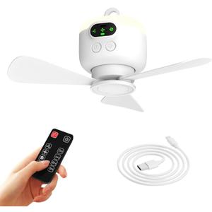 Portable Camping Fan, 10.6 Inch Tent Ceiling Fan,Rechargeable 8000mAh with Light & Hook,Timable & Auto Shut Off,Detachable Fan Blade, Used for Tent Canopy RV Porch Beach Bedroom, White 
