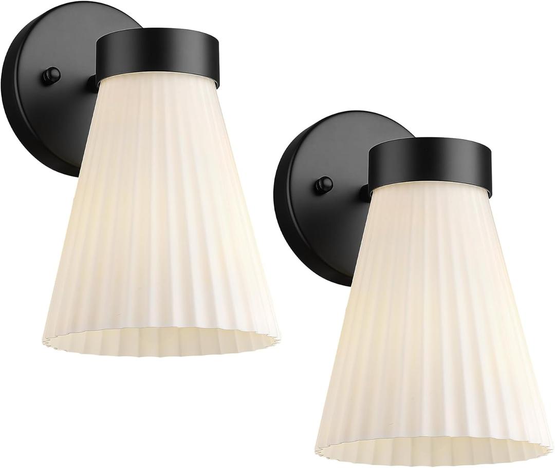 Bathroom Wall Sconce Set of Two, HWH Wall Vanity Light with Frosted White Striped Shade, Industrial Wall Lamp Matte Black for Bathroom Doorway, 5HZG97B-2PK BK