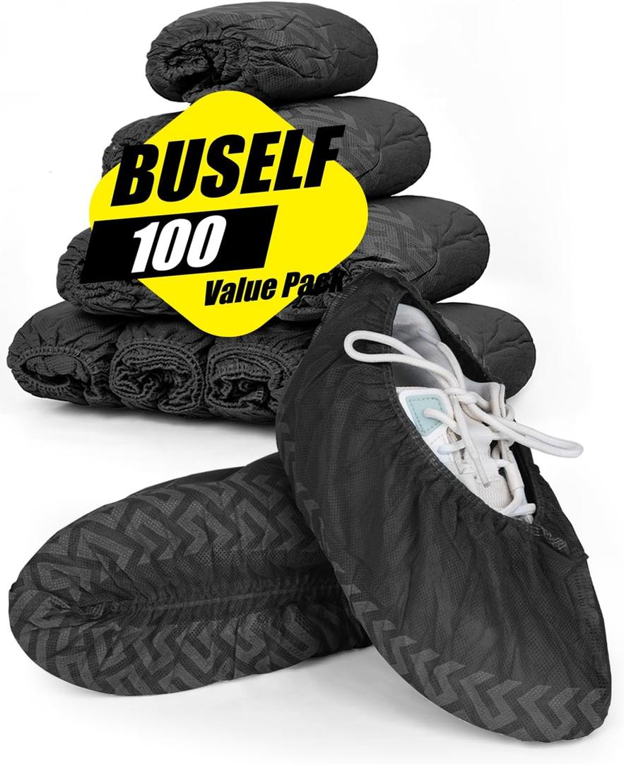 Buself X-Large 100 Count Shoe Covers Disposable Non-Slip, Premium Cloth Boot Covers, Slip-resistant, Durable, Breathable, Non-toxic, Recyclable, Stretchable Fits Up to Size 13 US Men - Black